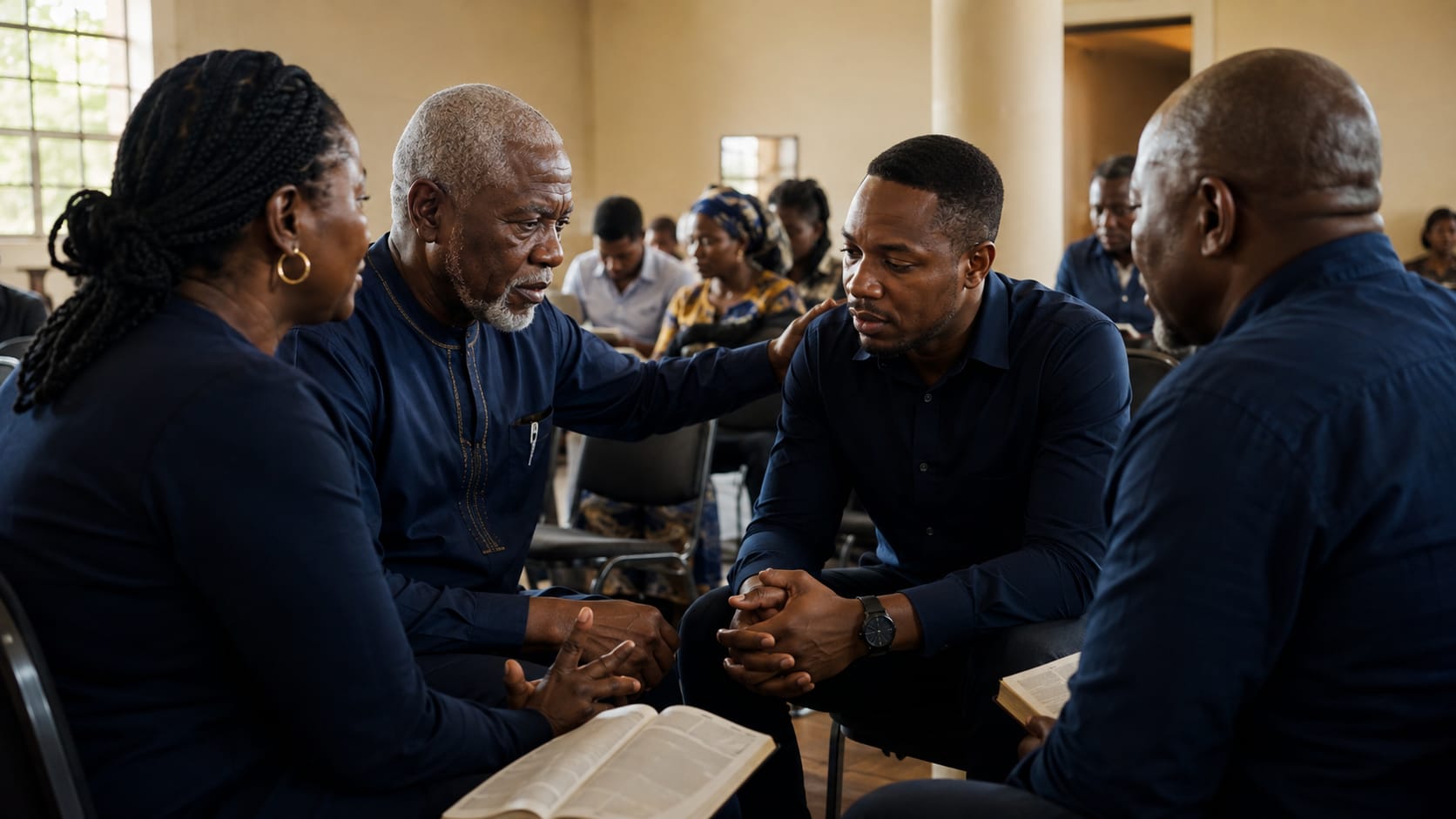 Pastors from different generations encouraging and praying with one another.